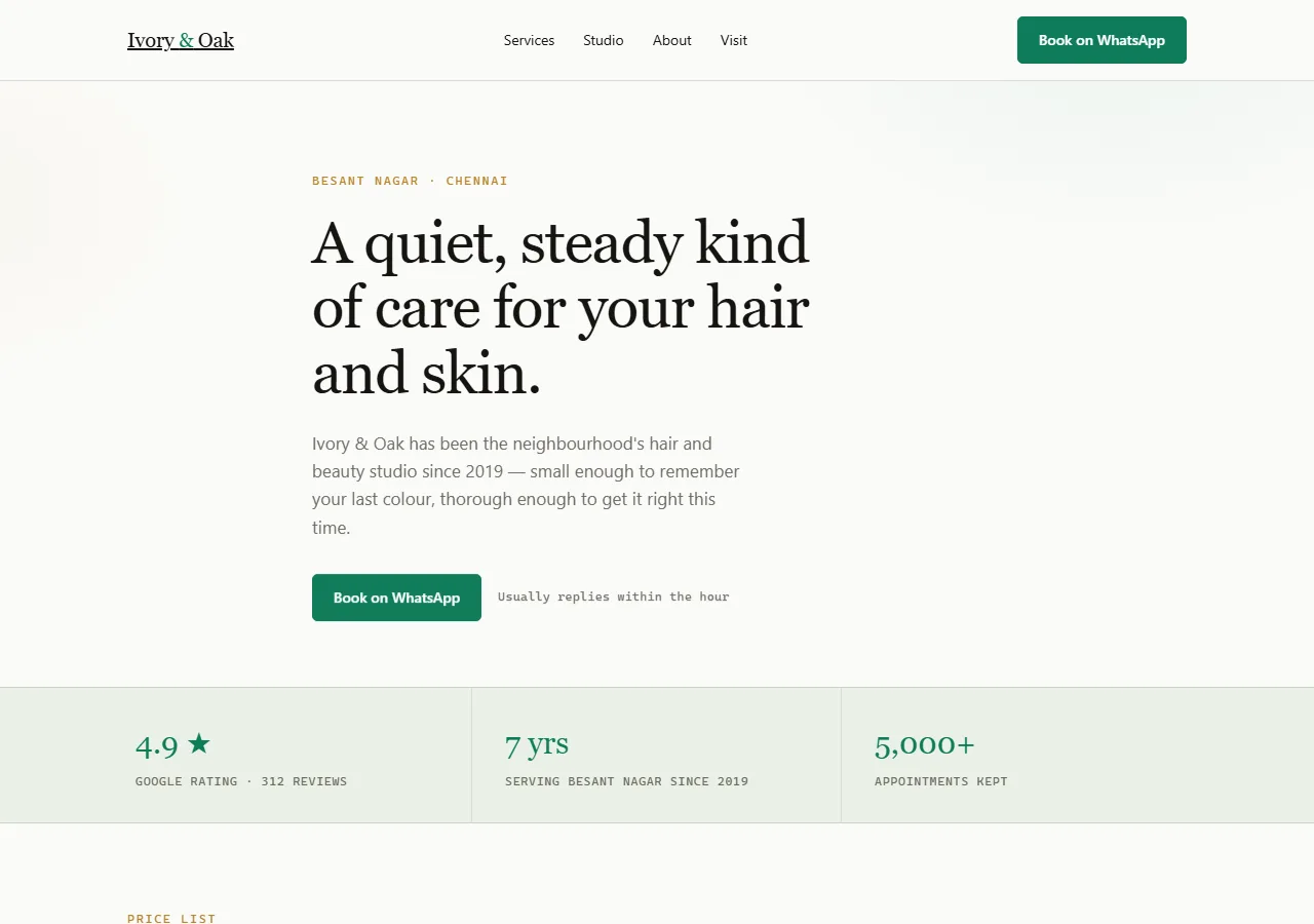 Home page of the Ivory & Oak demo build — a hair & skin studio site