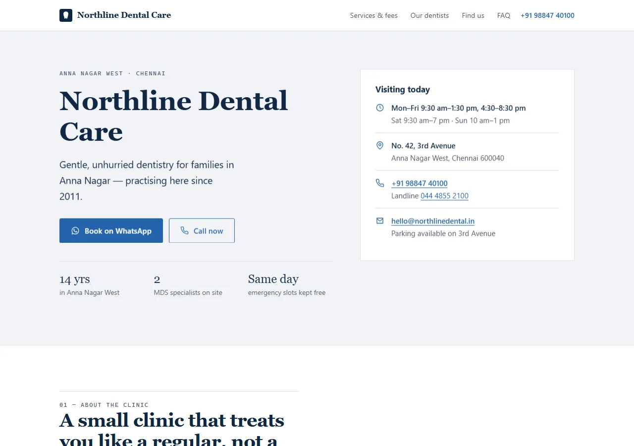 Home page of the Northline Dental Care demo build — a dental clinic — direct layout site